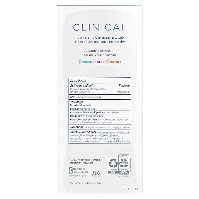 Secret Clinical Strength Antiperspirant Deodorant for Women, Stress Response, 3X Stress Protection, 72hr Sweat & Odor Protection, PH Balancing Minerals, Invisible Solid, 2.6 oz
