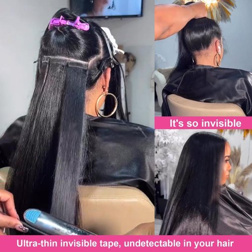 60pcs Kinky Straight Tape in hair Extensions 14 Inch Yaki Straight Tape ins for Black Women Human Hair 3c 4a Invisible Seamless Tape Extensions Natural Black Skin Weft 120g