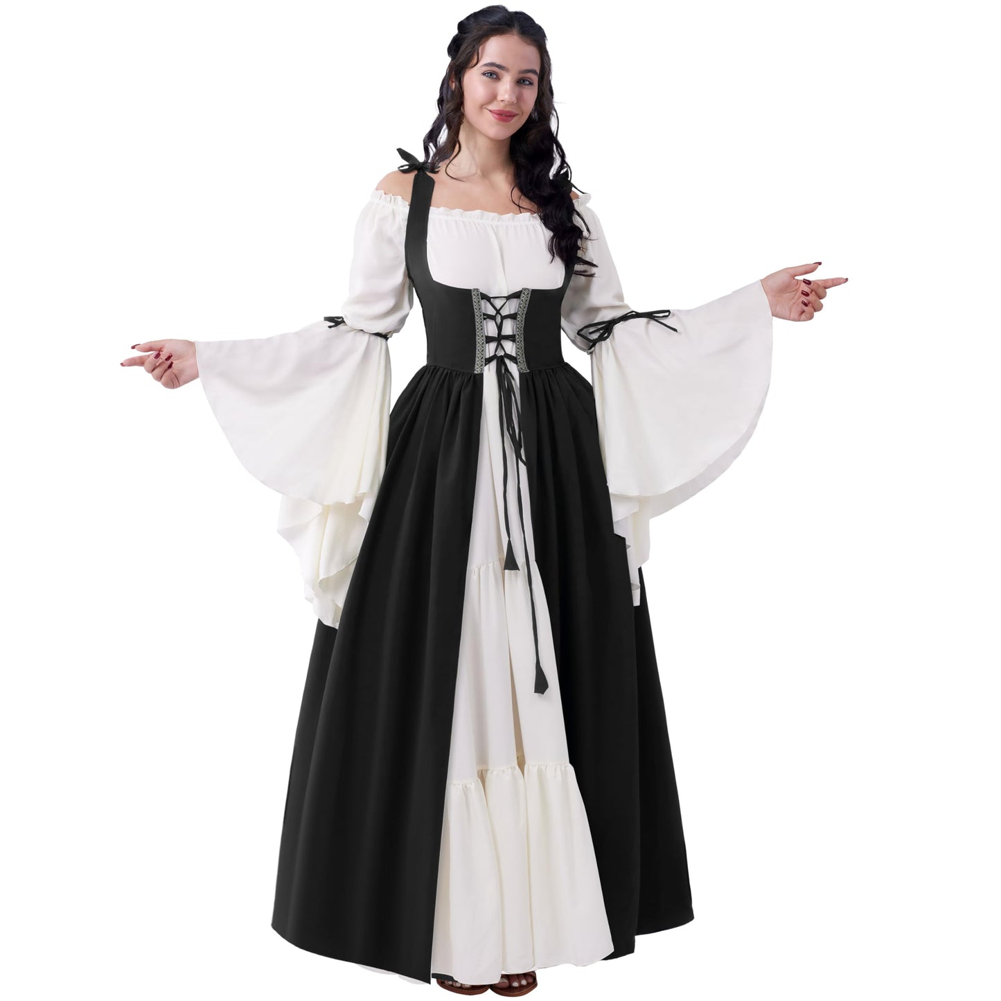 Spooktacular Creations Renaissance Costume Women, Medieval Black Chemise Ren Faire Dress Irish Overdress, Renaissance Corset with Trumpet Sleeve for Halloween Cosplay Wedding Themed Parties-S