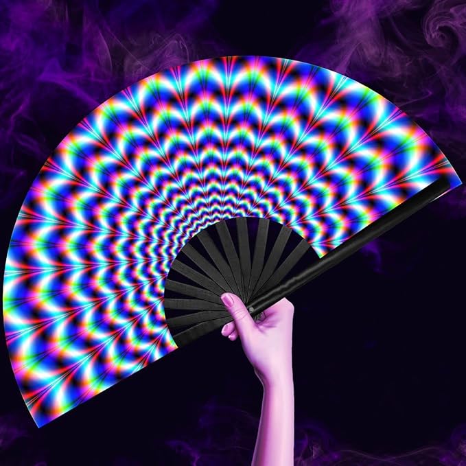 OMyTea UV Glow Rave Fan Foldable for Women/Men/Drag Queen - Large Clack Festival Folding Hand Fan - for EDM, Music Festiva...