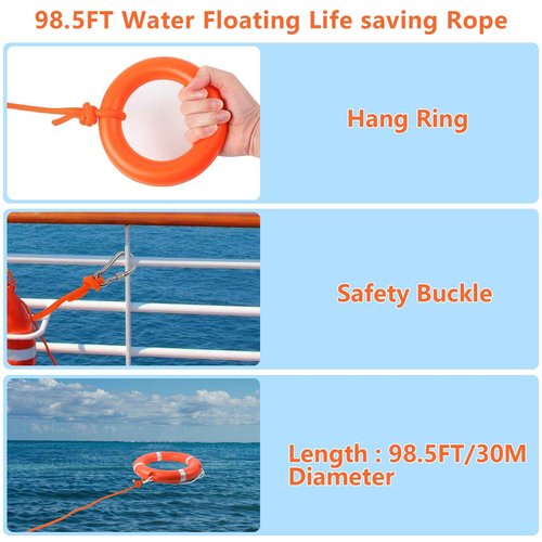 Life Preserver Ring, 23 Inch Life Ring with Horseshoe Bracket Orange, Boat Safety Throw Rings with Rope 98.5 FT Water Floating Lifesaving Rope and Reflective Tape for Boat