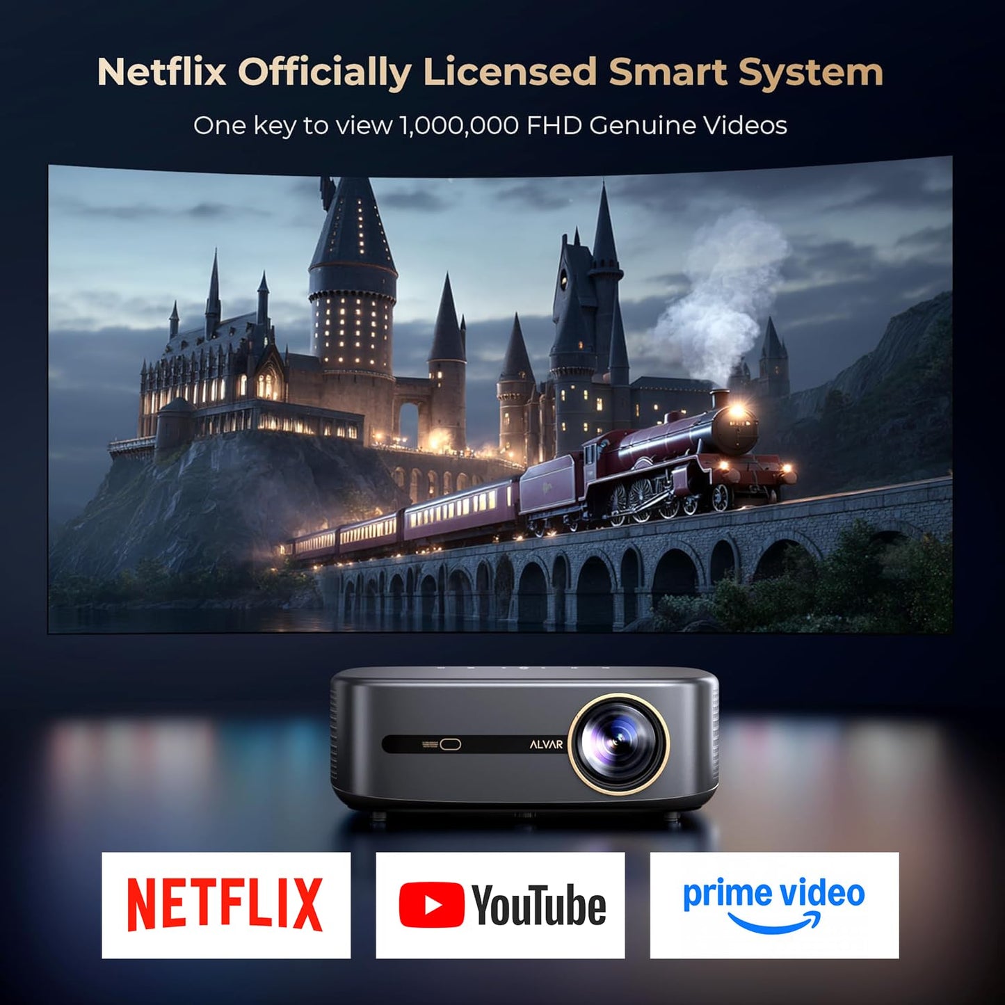 [2500 ANSI & 30W Speakers] Alvar 4K Support Projector with WiFi 6 and Bluetooth, dbx-tv Sound, Built in NetfIix App & DoIby Audio Outdoor Proyector, Auto Focus & Keystone Native 1080P Smart Projector