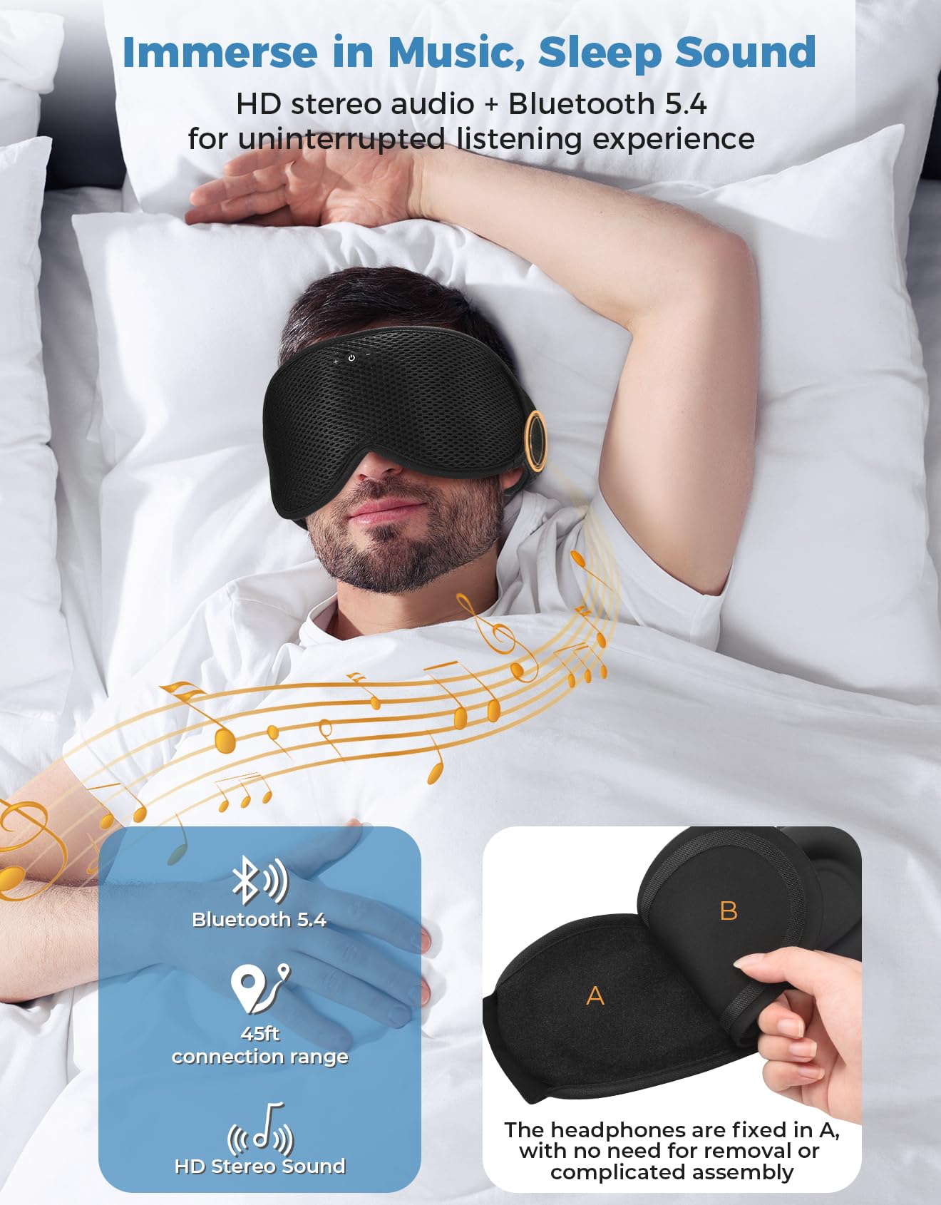 Mixiba Sleep Mask with Bluetooth Headphones, Removable 3D Contoured Cup, Wireless Eye Mask for Sleep, Sleeping Headphones with Thin Stereo Speakers for Men, Women, Travel, Relaxation - Black