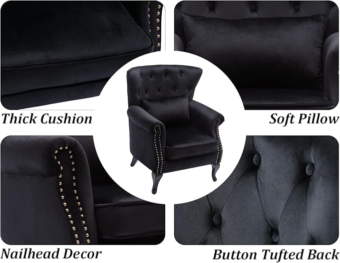 DM Furniture Set of 2 Mid-Century Modern Accent Chair, Velvet Armchair w/Tufted Back/Wood Legs, Upholstered Lounge Arm Chair Single Sofa for Living Room Bedroom, Black