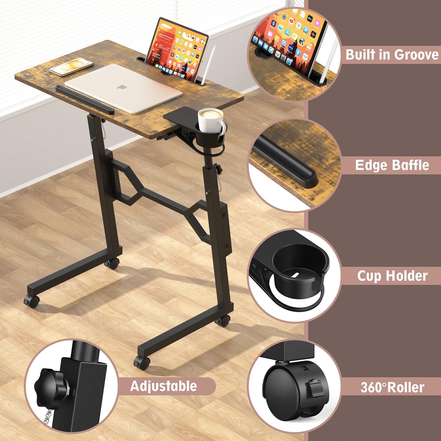 Enayplon Small Standing Desk with Wheels, Portable Treadmill Desk, Rolling Desk Adjustable Height for Laptop, Mobile Standing Table for Walking Pad, Bedside Table