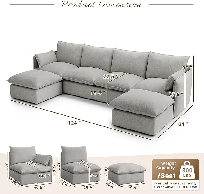 Forest aesthetics Waterproof Sectional Couches,6 Seater High Backrest U Shape Modular Sofas Sectional,Down Filled Couch,Cushion Covers Removable Sofas for Living Room