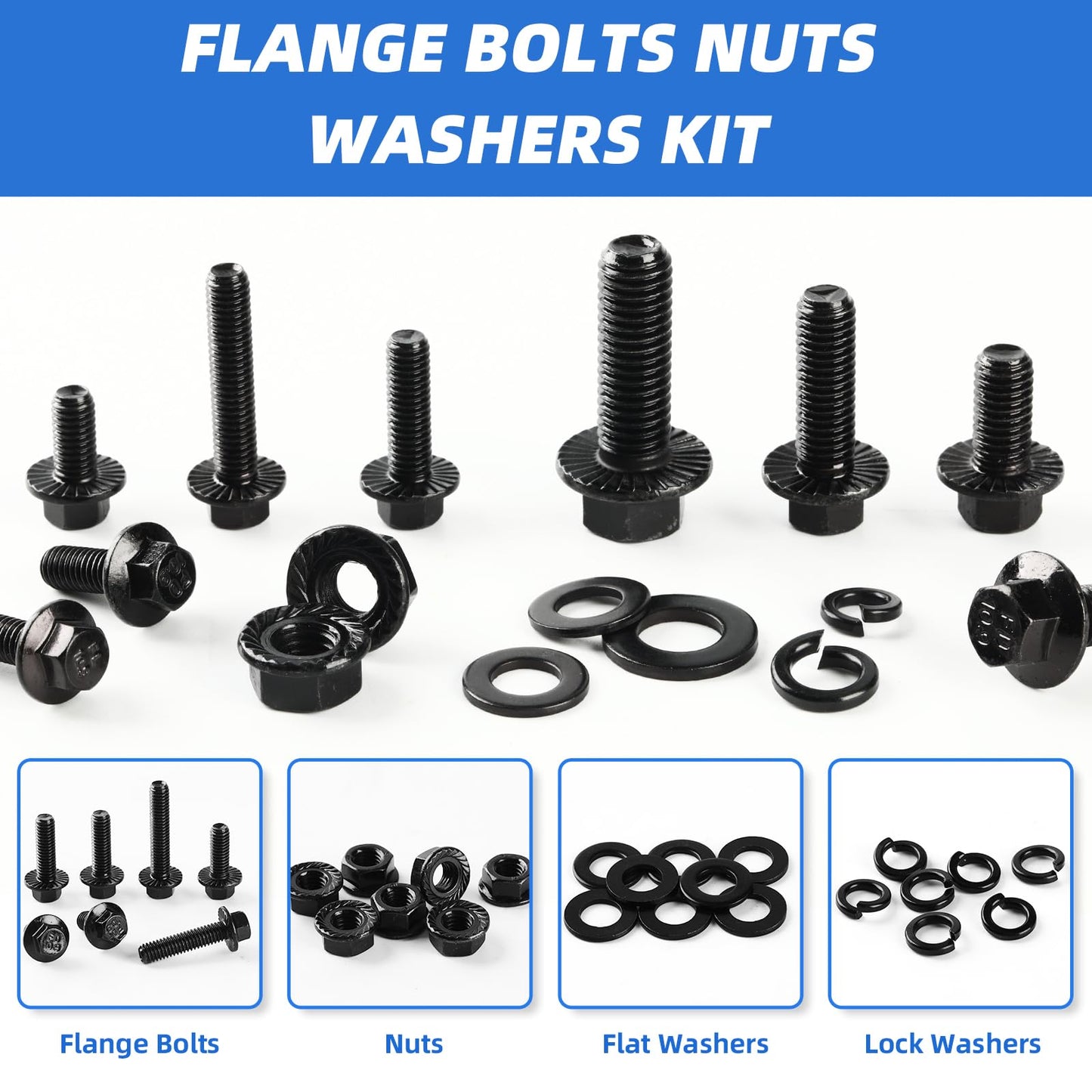 Besitu 280Pcs Metric Flange Bolt Assortment, M6x1.0, M8x1.25, M10x1.5 (12mm to 30mm) Assorted Hex Bolts and Nuts Washers Kit for Automotive, 10.9 Black Zinc Galvanized