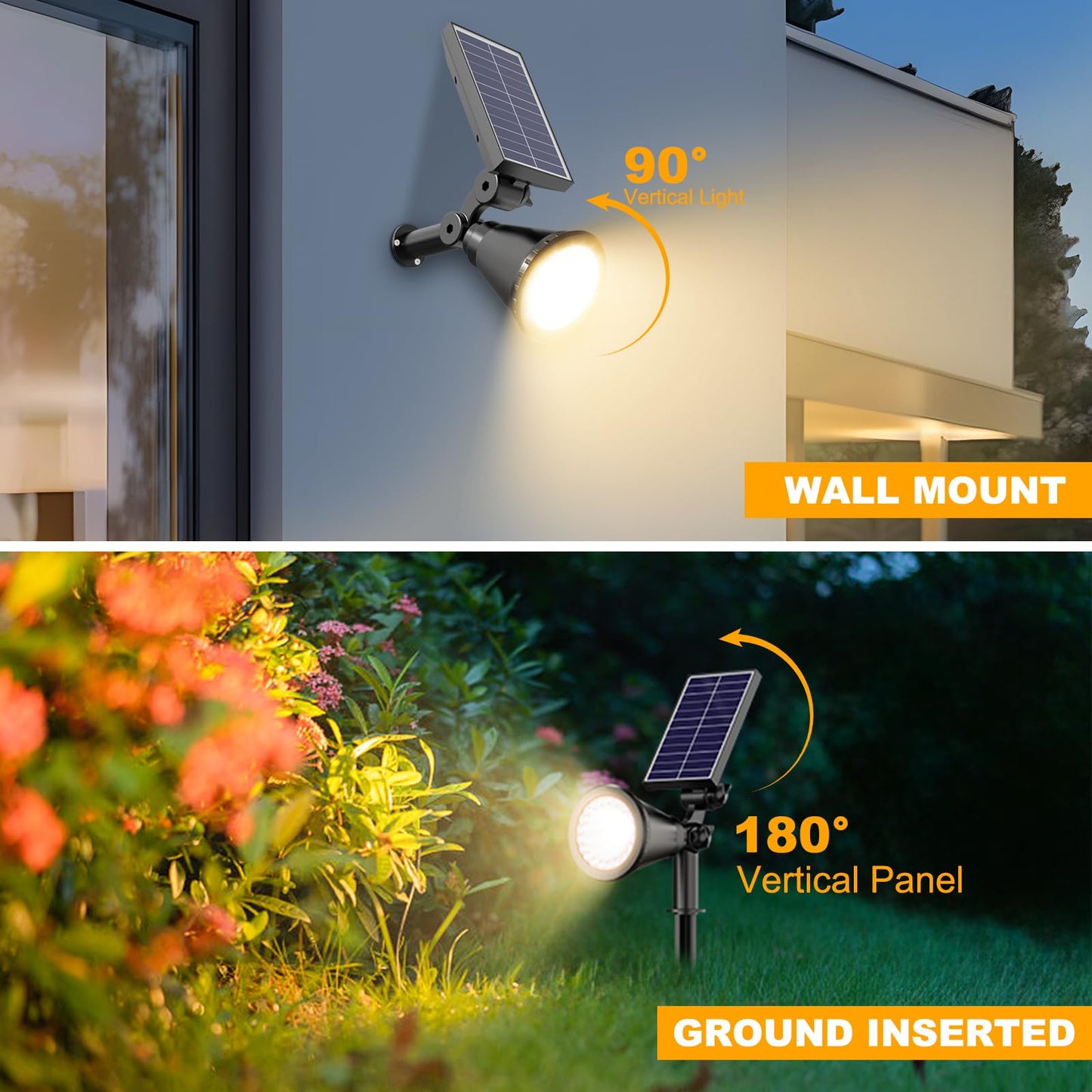 Solar Spotlight Outdoor Waterproof, 36 LED Outdoor Solar Lights with 2200mAh, 2-in-1 Wall or Ground Solar Flood Lights for Yard, Garden, Pathway, Auto On/Off Landscape Lighting- 4 Pack (Warm White)