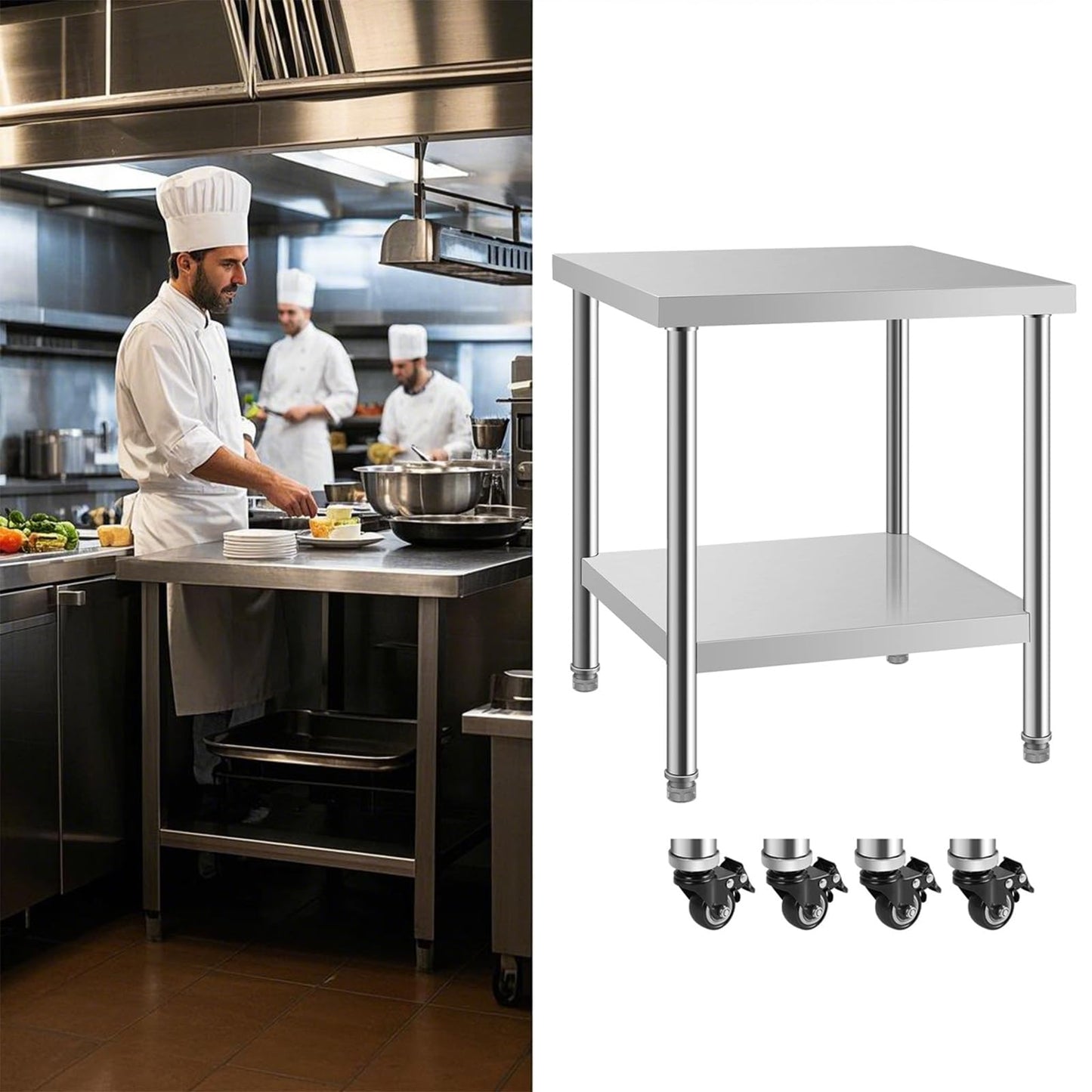 HXCFYP NSF Stainless Steel Table for Prep & Work with Caster 30x24 Inches, Metal Commercial Kitchen Table with Under Shelf and AdjustableTable Foot for Restaurant, Home and Hotel