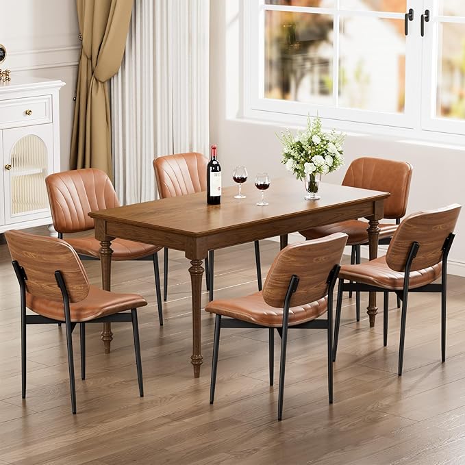 YaFiti Dining Chairs Set of 2, Dining Room and Kitchen Chairs, Mid Century Modern Accent Chair, Upholstered PU Leather Chairs for Vanity with Walnut Bentwood and Metal Legs, Light Tan