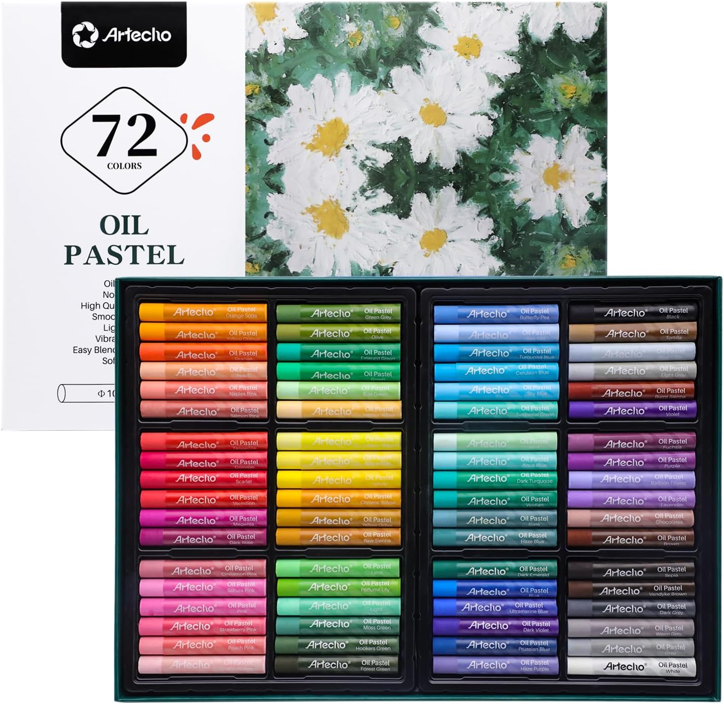 Artecho Oil Pastels Set of 72 Colors, Soft Oil Pastels for Art Painting, Drawing, Blending, Art Supplies for Artists, Beginners, Teachers (10 x 70 mm)