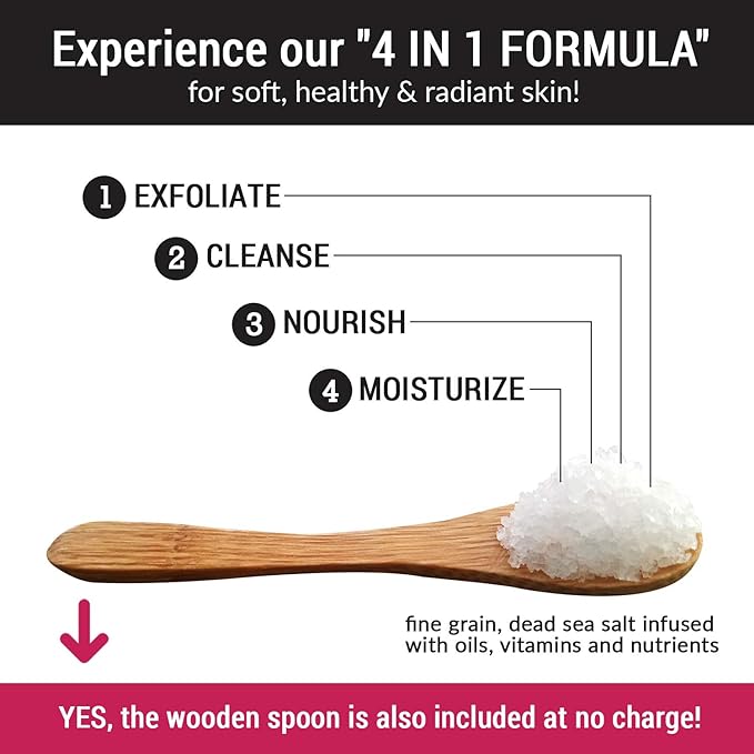 pureSCRUBS Premium Jasmine Body Scrub Set - Large 16oz Dead Sea Salt Body Scrub With Infused Essential Oils & Nutrients Includes Wooden Spoon, Loofah & Oatmeal Exfoliating Bar Soap