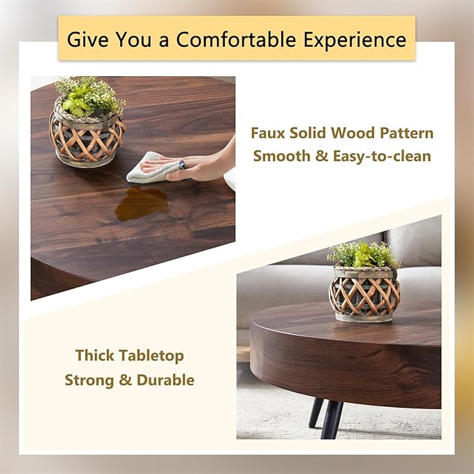 LKTART Coffee Table for Living Room, Round Wood Coffee Tables with Storage, Modern Metal Accent Center Tea Table for Apartment Small Space (31Inch-Walnut)