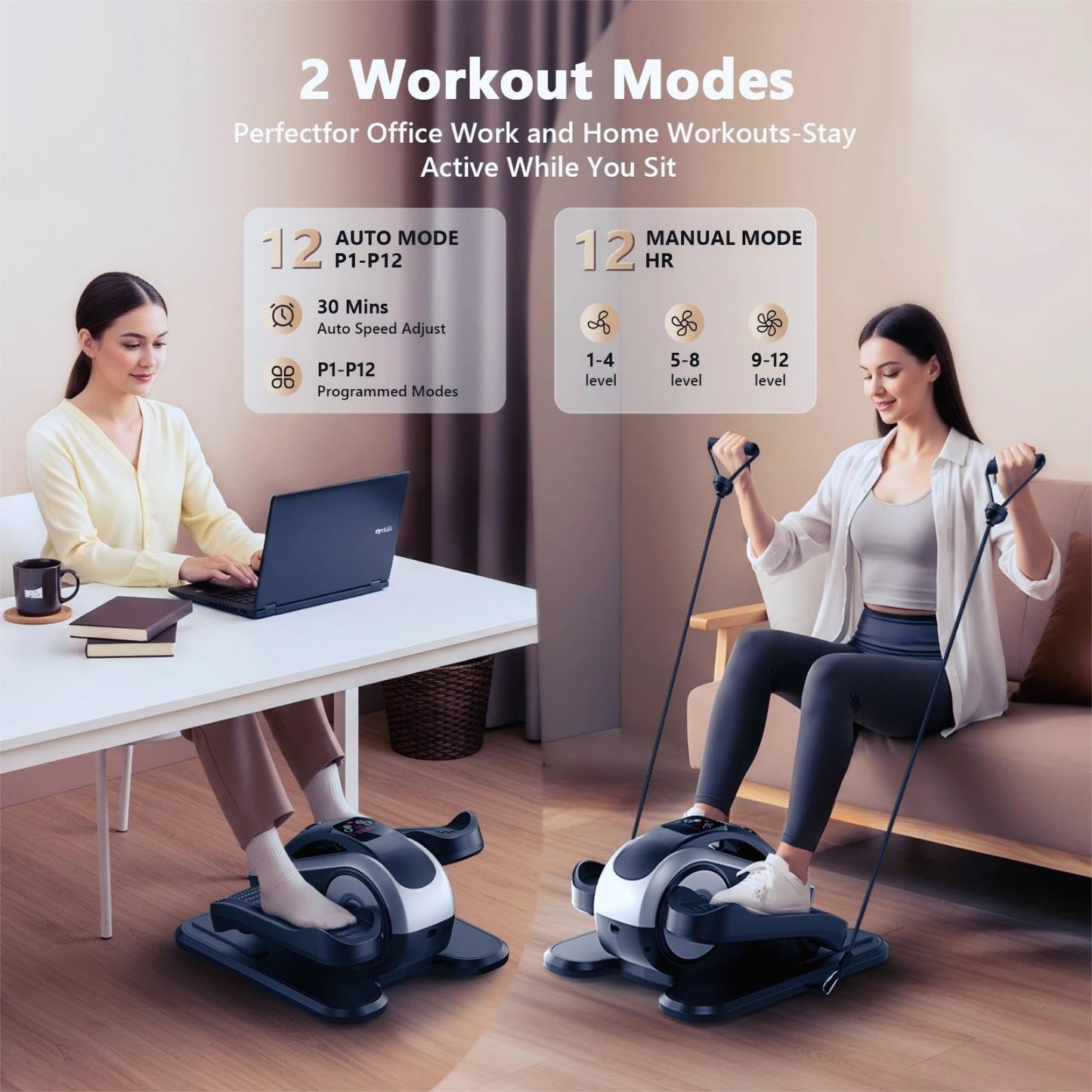 LVPIMAN Large Size Under Desk Elliptical Machine,Electric Leg Exerciser for Seniors,12 Adjustable Speeds&12 Modes with Remote Control,Elastic Rope,Manual&Auto Mode for Home Office