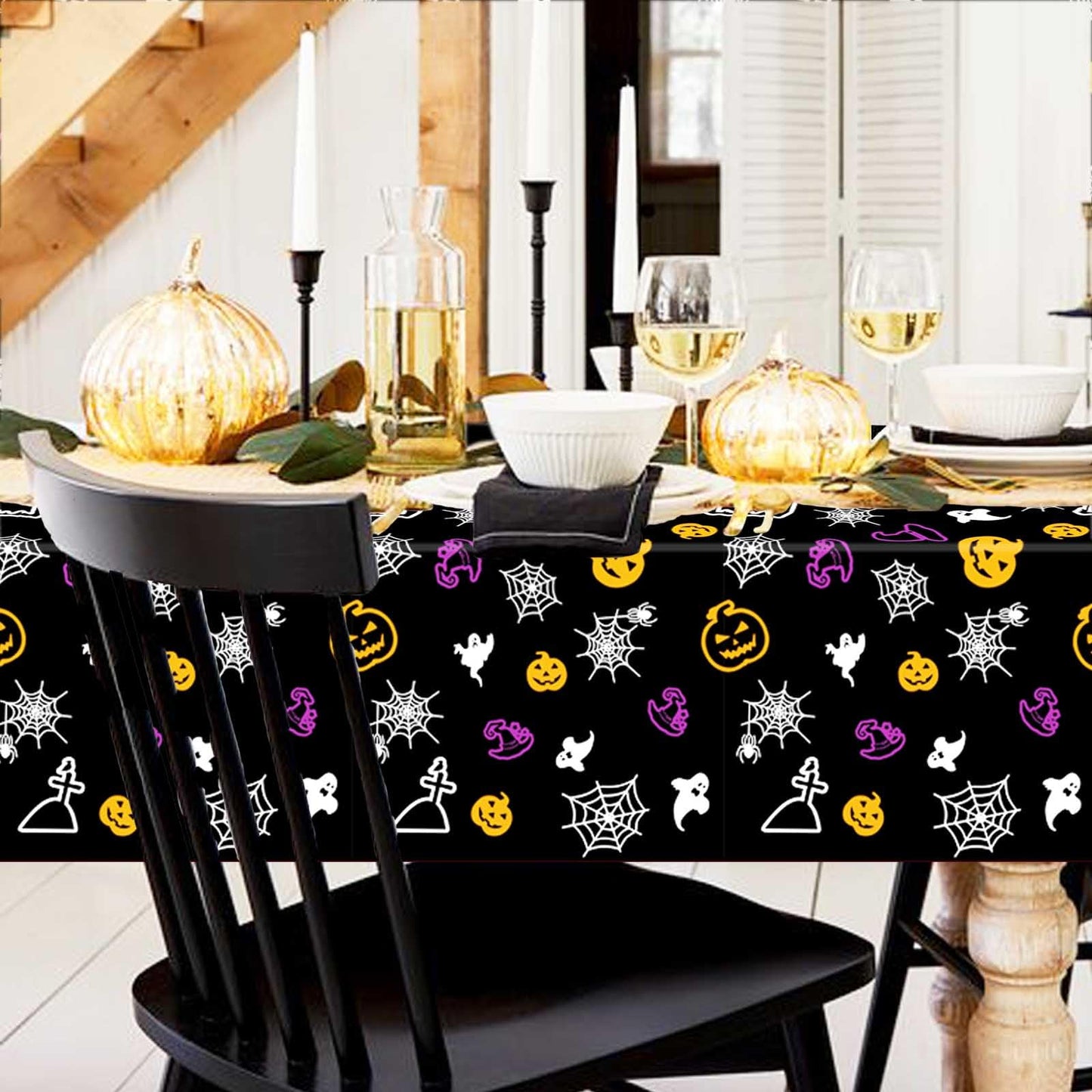 Plastic Spider Web Tablecloth - Disposable Halloween Table Cover for Haunted House Decorations - Black Rectangle - Tabletop Decor (54" x 108")