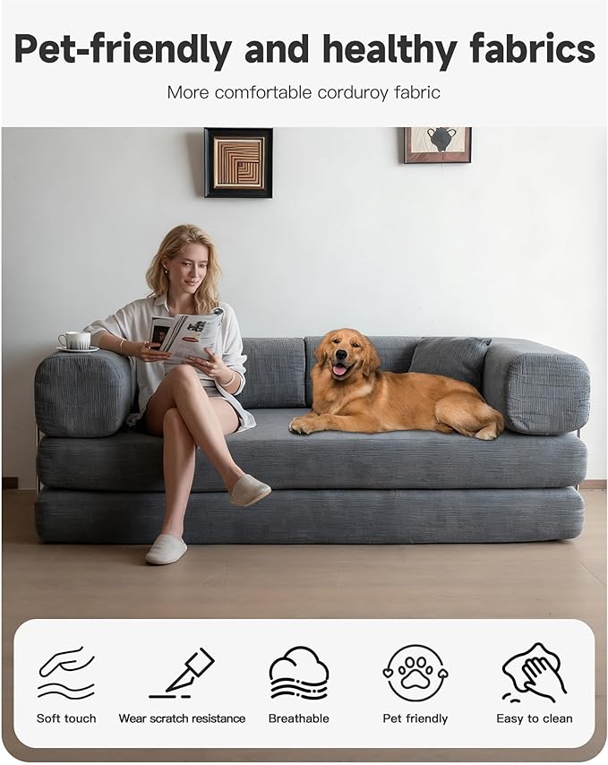 No Assembly Convertible Sofa Bed & 79" Boneless Couch with Pocket , 5-in-1 Futon Sofa Bed with 2 Pillows Modular Pull Out Couch Bed with Frame,Compression in Box for Living Room Small Spaces Grey