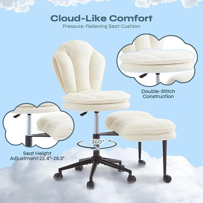 Ergonomic Cross Legged Office Chair for ADHD, Kneeling Chair with 360° Swivel Wheels and Reversible Seating for Meditation, Adjustable Height and Seat Deapth, Teddy Fabric, White