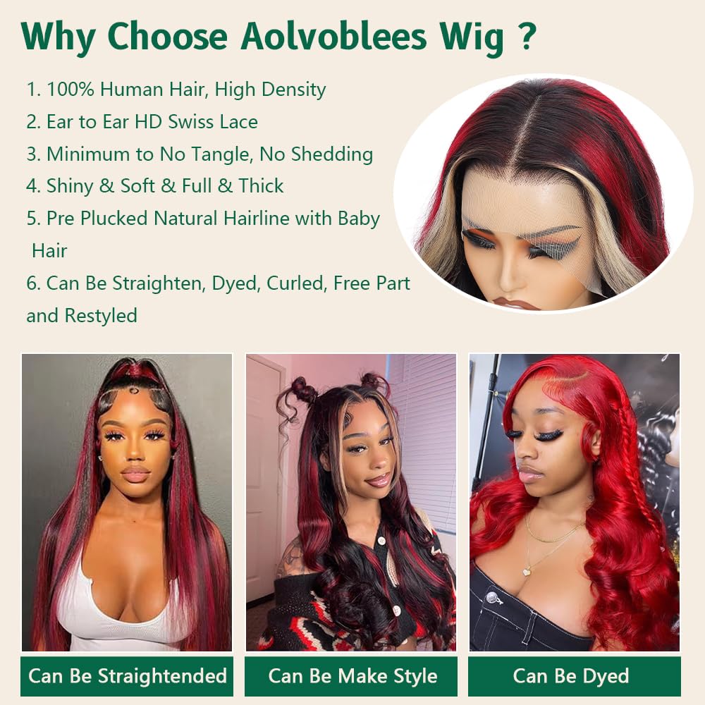 Aolvoblees Skunk Stripe Human Hair Wig Ombre 250% Density 13X4 Body Wave 1B/27/99J Highlight Burgundy HD Lace Front Frontal Glue