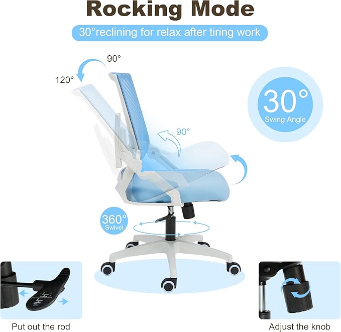 Msdizuo Ergonomic Office Chair Desk Chair with Adjustable Height Mesh Computer Chair Swivel Chair with Flip-up Arms and Lumbar Support Blue