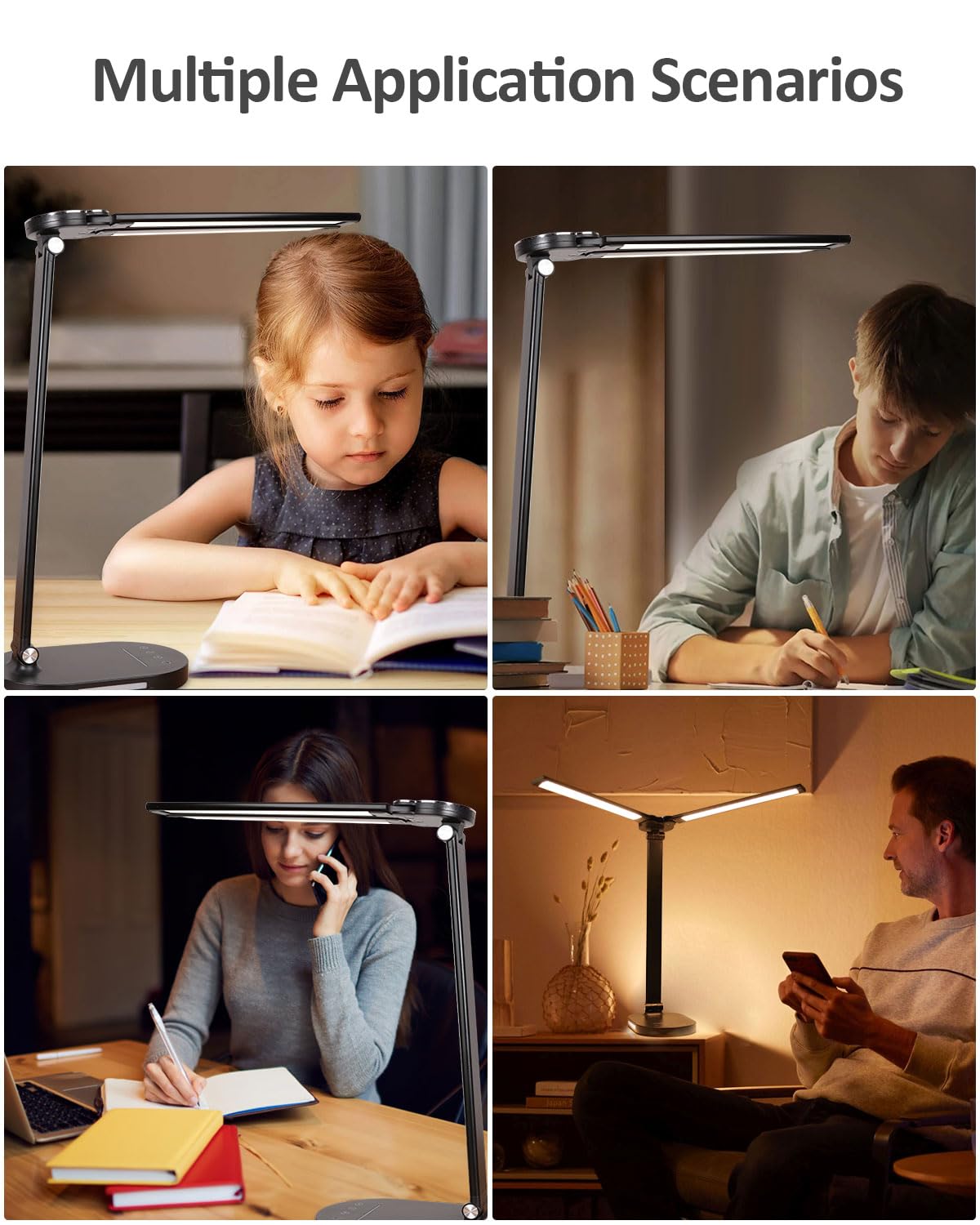 LED Desk Lamps for Home Office, 14W Double Swing Arm LED Desk Lamp with USB Charging Port, Eye-Caring Architect Task Lamp, Desktop Lamp with Night Light Table Light for Work Study Craft with Adapter
