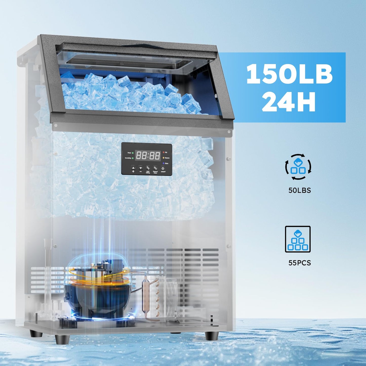 Commercial Ice Machine 150 LBS/24H with 50 LBS Storage Bin, Ice Cubes Ready in 5-15 min, Stainless Steel Industrial Ice Maker, Self-Cleaning, Timing Function, Adjustable Ice Thicknesses
