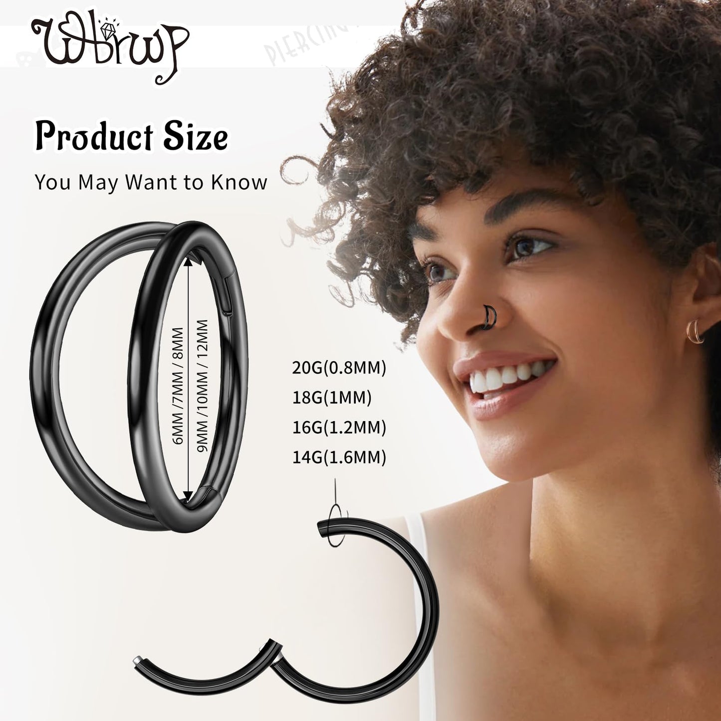 WBRWP Hoop Nose Ring Lip Septum-Clicker : Black Double Ring Open Stacked 16G 8mm 316L Surgical Steel Sleeper Earring Helix Rook