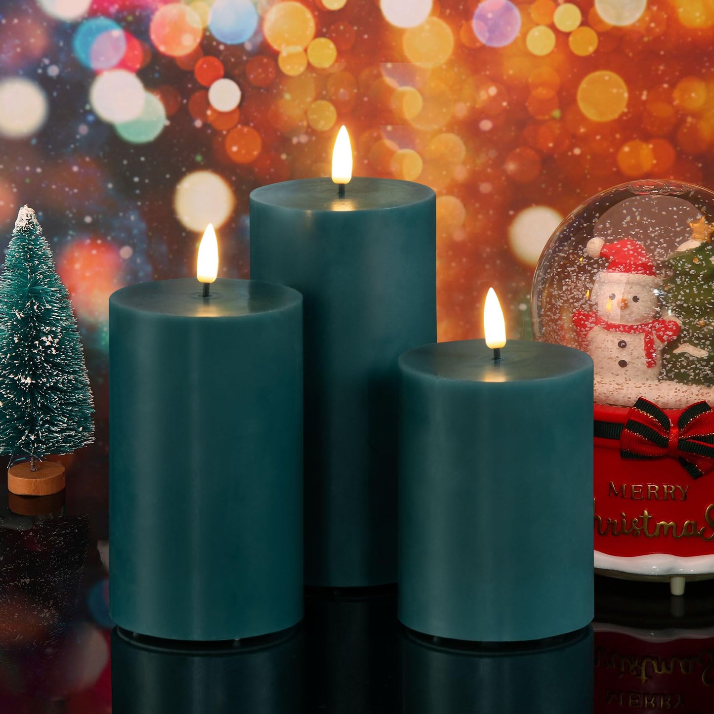 Girimax Blue Flameless Pillar Candles with Remote, Flickering Christmas LED Wax Candles Battery Operated Set of 3