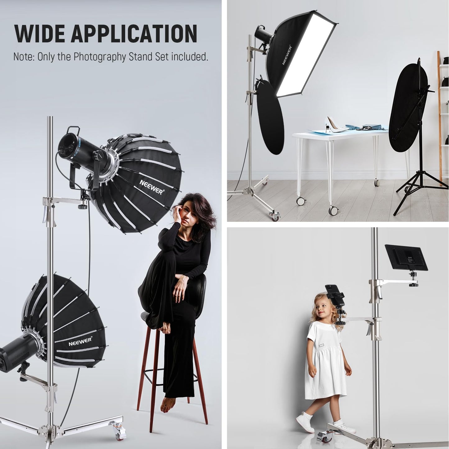 NEEWER 6.5ft/198cm Stainless Steel Light Stand, Heavy Duty Tripod Stand with Caster Wheels, 2 Sliding Arms with Pistol Grip, Folding Leg for Photography Softbox Monolight, Max. Load 35lb/16kg, ST198SS
