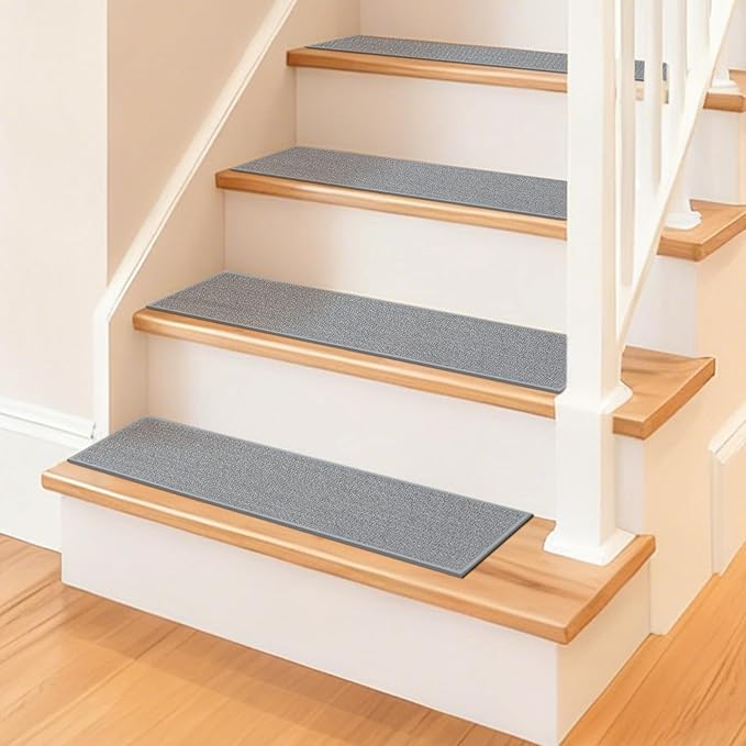 Art3d Stair Treads for Wooden Steps 15Pcs, 8" X 30" Non Slip Stair Runner Rugs with Reusable Adhesive for Elders Kids and Dogs, Machine Washable Peel and Stick Stair Treads Carpet, Gray