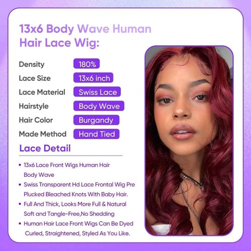 Burgundy Lace Front Wigs Human Hair 99j 13X6 hd Body Wave Lace Front Wigs Human Hair 180% Density Colored Red Frontal Wig for Black Women 24 Inch
