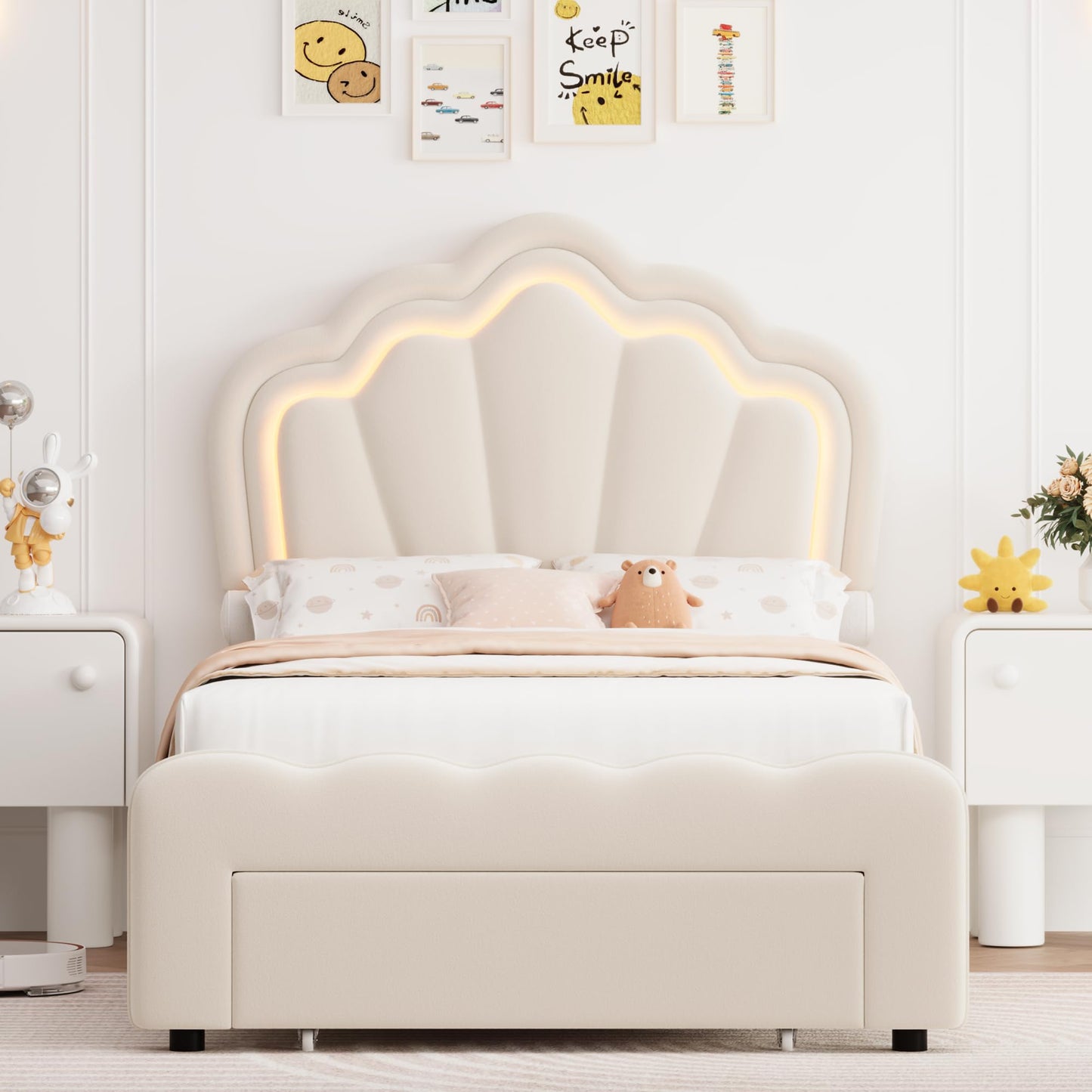 HOSTACK Twin Upholstered LED Bed Frame with Storage Drawer, Cute Girls Bed with Adjustable Lotus Headboard, Velvet Princess Platform Bed Frame, Wooden Slats Support, No Box Spring Needed, Cream