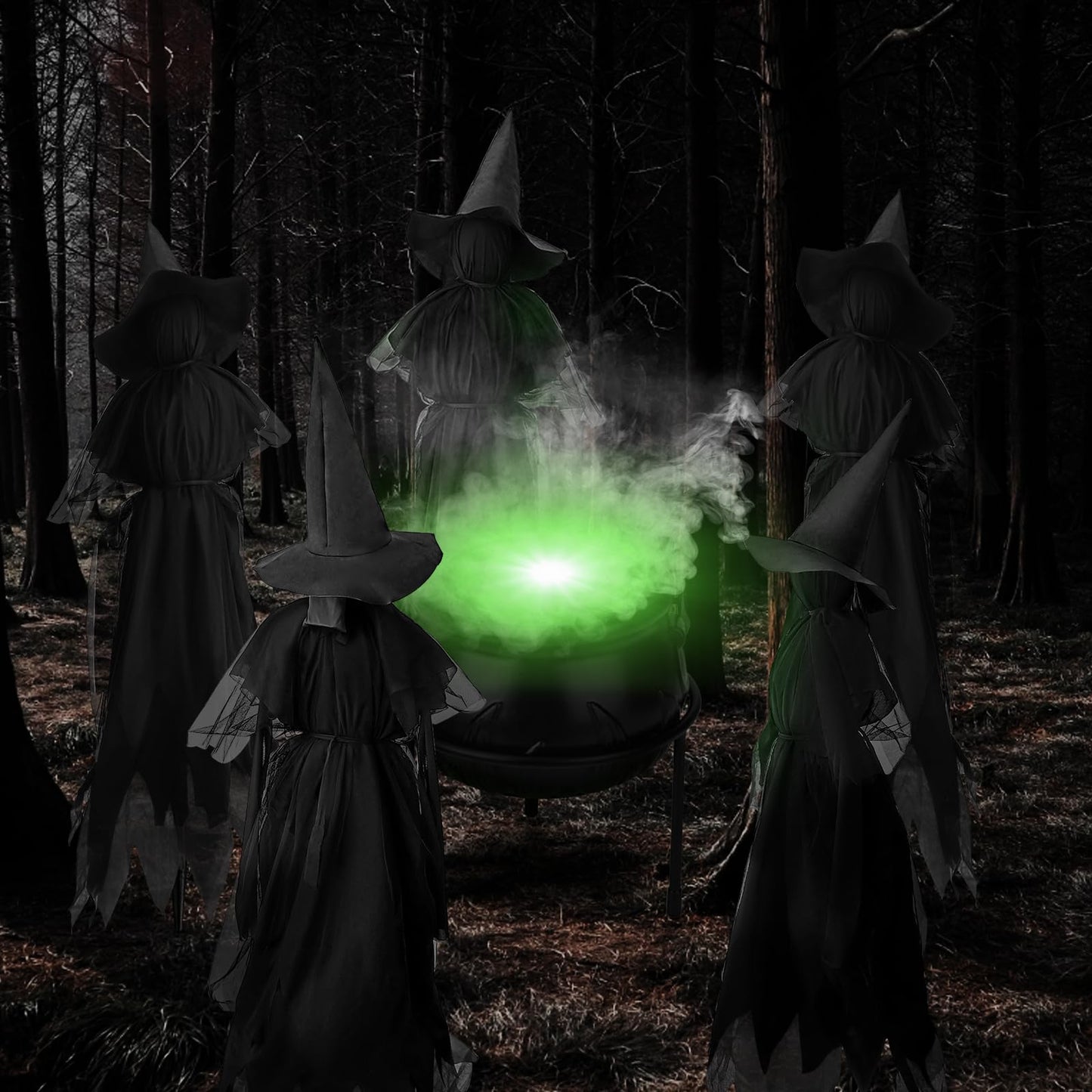 Halloween Witches Outdoor, 3 Light Up Witches Holding Hands with Stakes, Witch Decorations with Glowing Face for Yard Garden Outside Lawn Porch