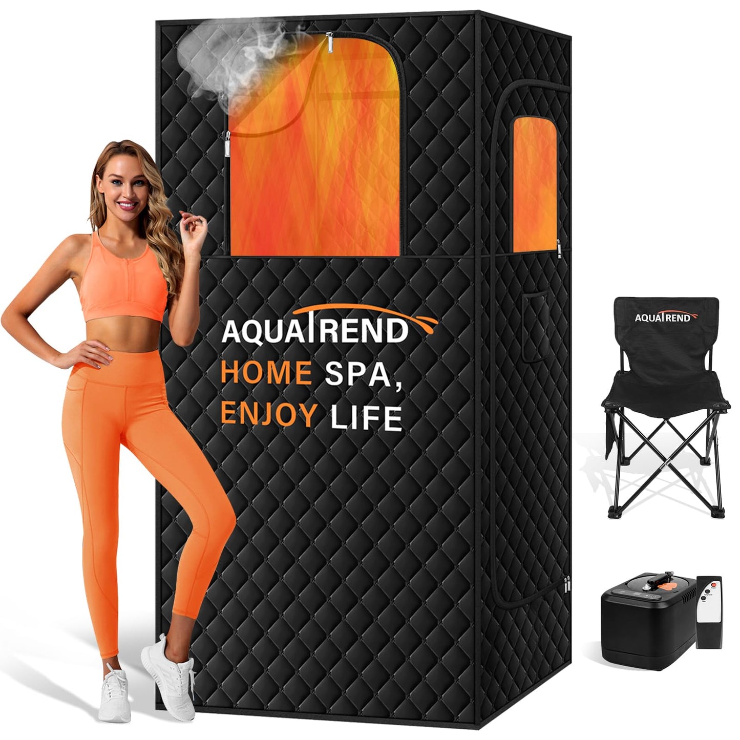 Aquatrend Portable Sauna Box for Home, 3' x 3' x 5.9' Personal Sauna Tent Full Size, 1200W 3L Steamer, Double Large Windows, Remote Control, Folding Chair, Fitness Gym Yoga Spa, Black