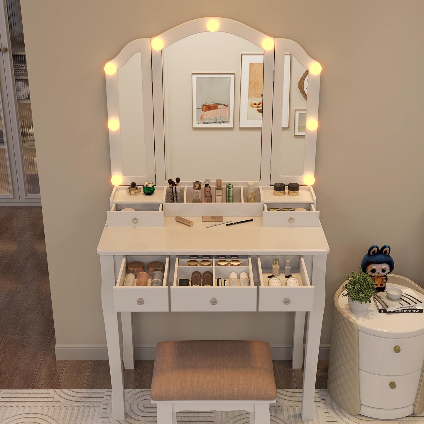 Longtesun Makeup Vanity Set Teen Vantity Set White Vanity Desk with Mirror and Lights Vanity Table with Lights Vanity Mirror with Lights Desk and Chair Makeup Vanity Table Makeup Vanity with Lights