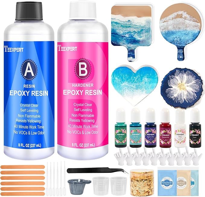 Teexpert Epoxy Resin Kit for Beginners, Resin Kit with Coaster Molds, Silicone Molds Kit, Pigments, Crystal Clear Art Resi...