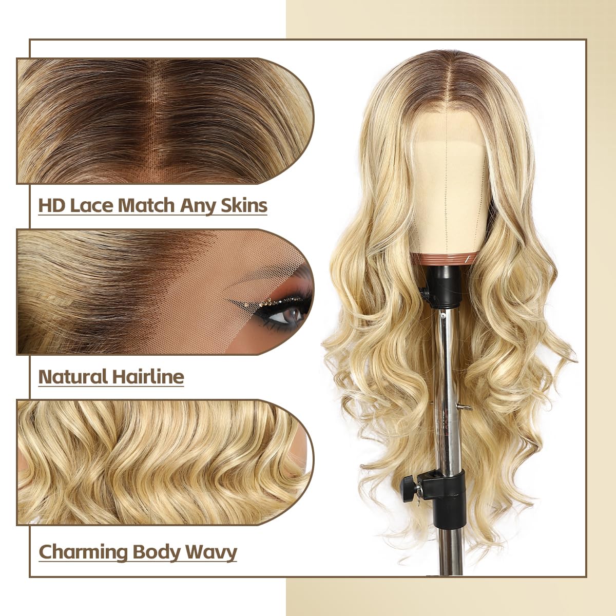 BABEHERS Highlight Blonde Lace Front Wig for Women 13x4 Synthetic Pre-plucked Body Wave Long Wavy wigs 150% Density Heat Resista