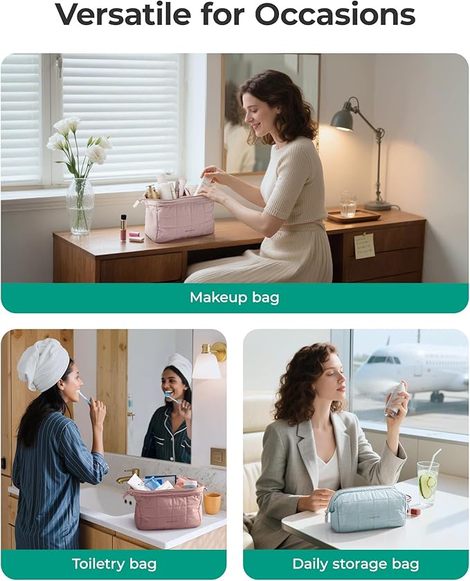 BAGSMART Makeup Bag Travel Toiletry Bag, Puffy Padded Make Up Bags for Women Makeup Organizer Case, Wide-open Pouch Purse Travel Essentials Toiletries Accessories Brushes, Ditsy Cherry