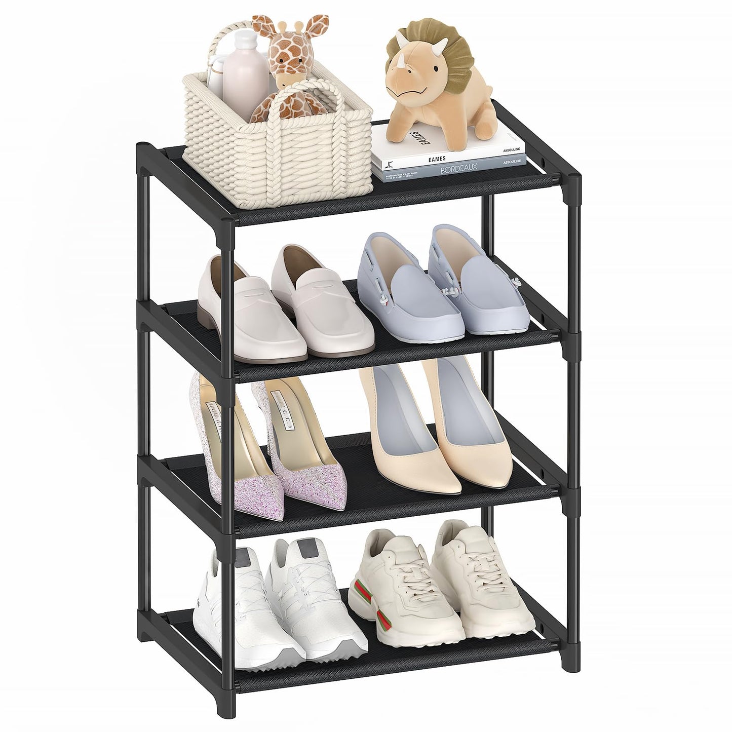 Autonomier 4 Tier Small Shoe Rack, Narrow Stackable Kids Toddler Adult Shoe Storage Organizer Shelf for Closet Floor Entryway Bedroom, Space Saver Shoe Rack Organization Shelves