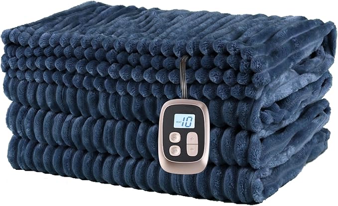 Heated Blanket Electric Blanket Twin Size 62''x84'' with 10 Heating Levels, 12 Hour Auto Shut Off, Machine Washable, Soft Flannel Warming Blanket for Couch, Bed, Office - Navy