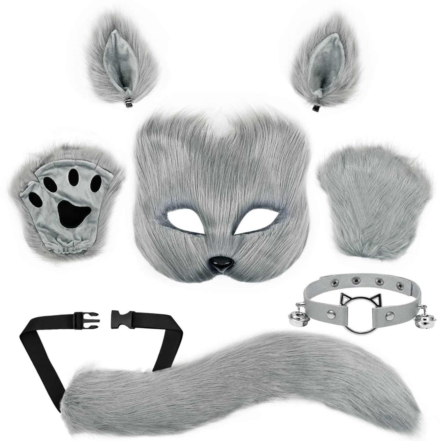 Yinhua Gray Therian Mask and Tail Kit Faux Furrfy Fox Mask Cat Paws Gloves and Ears for Kid & Adult Halloween Cosplay Party