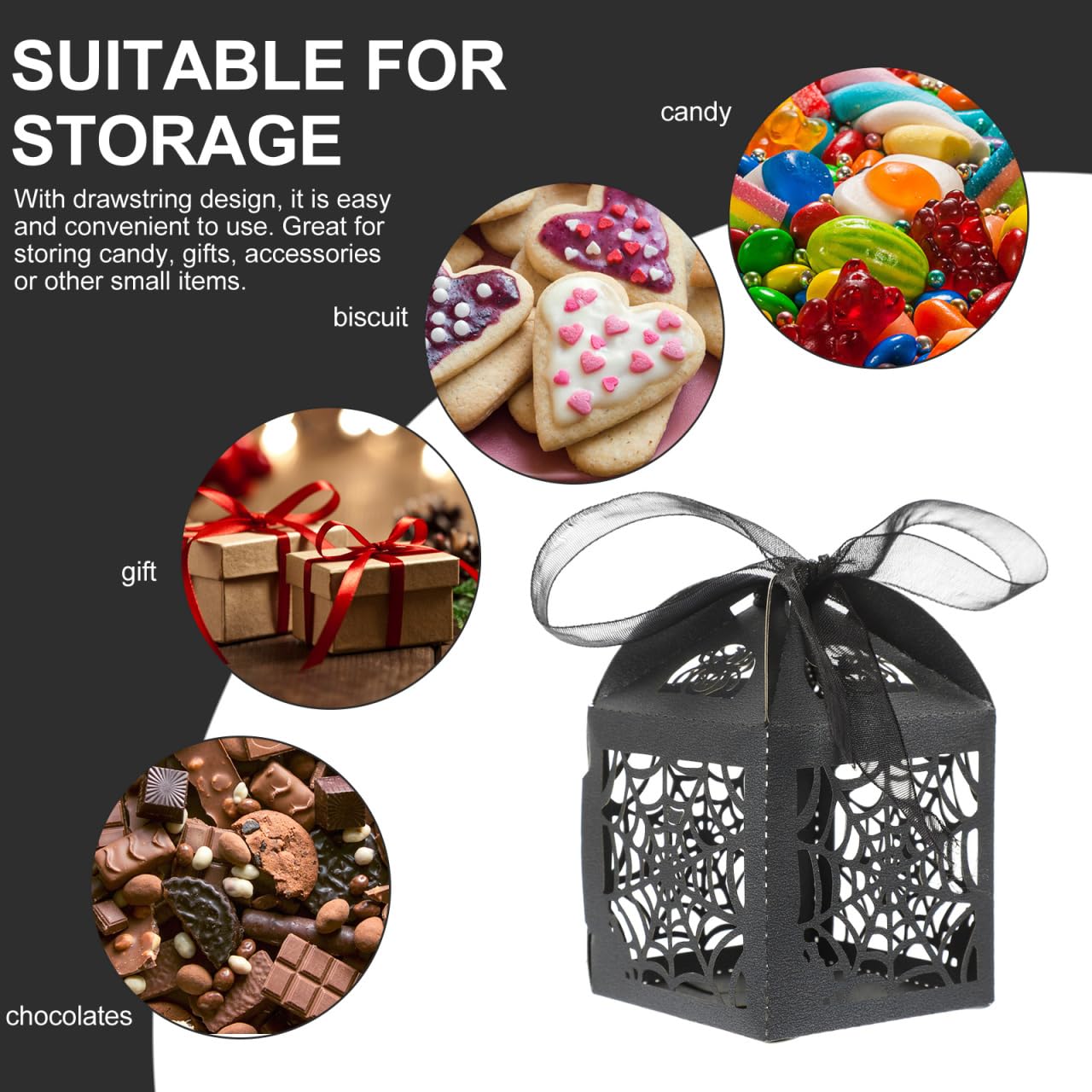 BESTOYARD 50Pcs Halloween Hollow Die-Cut Favor Boxes - Wedding Candy Boxes with Ribbons for Party Candy Packaging, 2X2 Inches