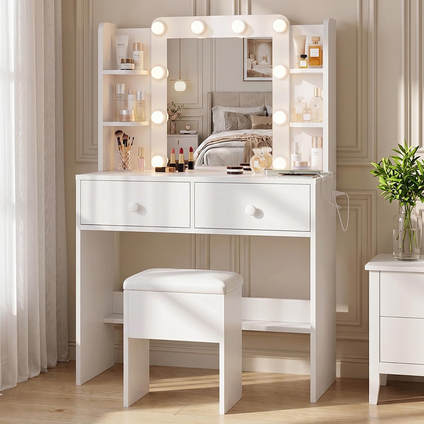 FUXA Makeup Vanity Desk with LED Mirror and Charging Station, Vanity Table Set with Storage Drawers, Shelves and Chair, Dressing Table with 3 Lighting Modes for Bedroom, White