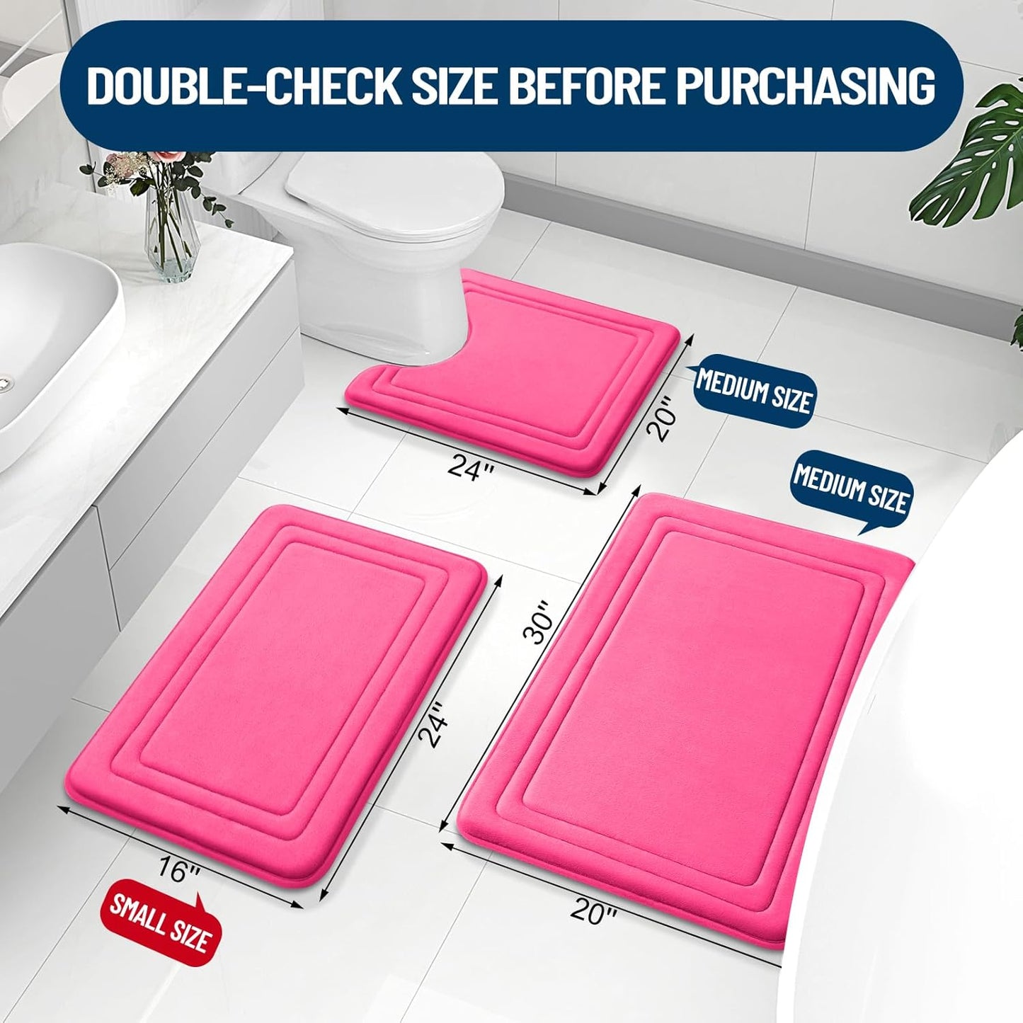 Grandaily Memory Foam Bath Mat Rug 30x20, Ultra Soft, Non-Slip and Absorbent Bathroom Rugs, Machine Wash Dry, Comfortable Bath Carpet for Bathroom Floor, Tub and Shower, Deep Pink