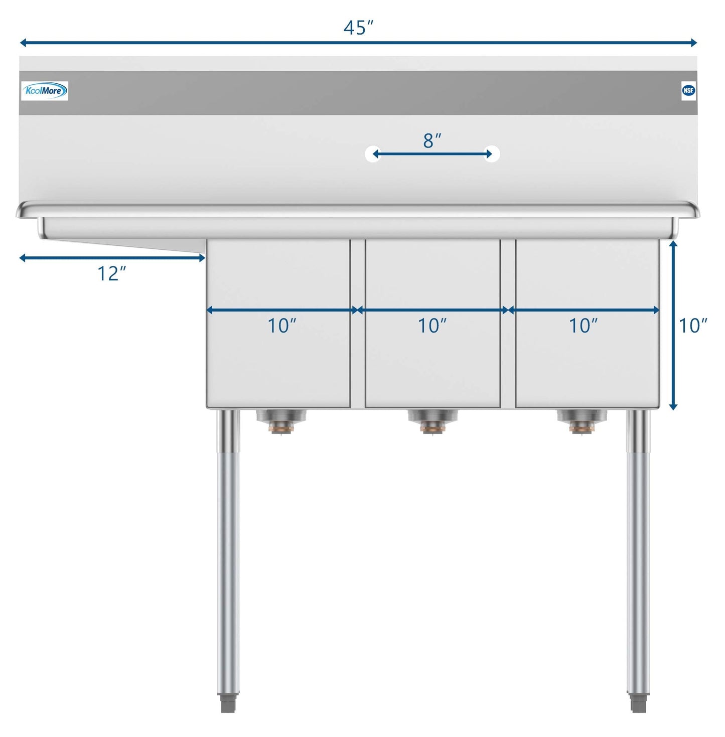 KoolMore - SC101410-12L3 3 Compartment Stainless Steel NSF Commercial Kitchen Sink with 1 Drainboard - Bowl Size 10" x 14" x 10", Silver