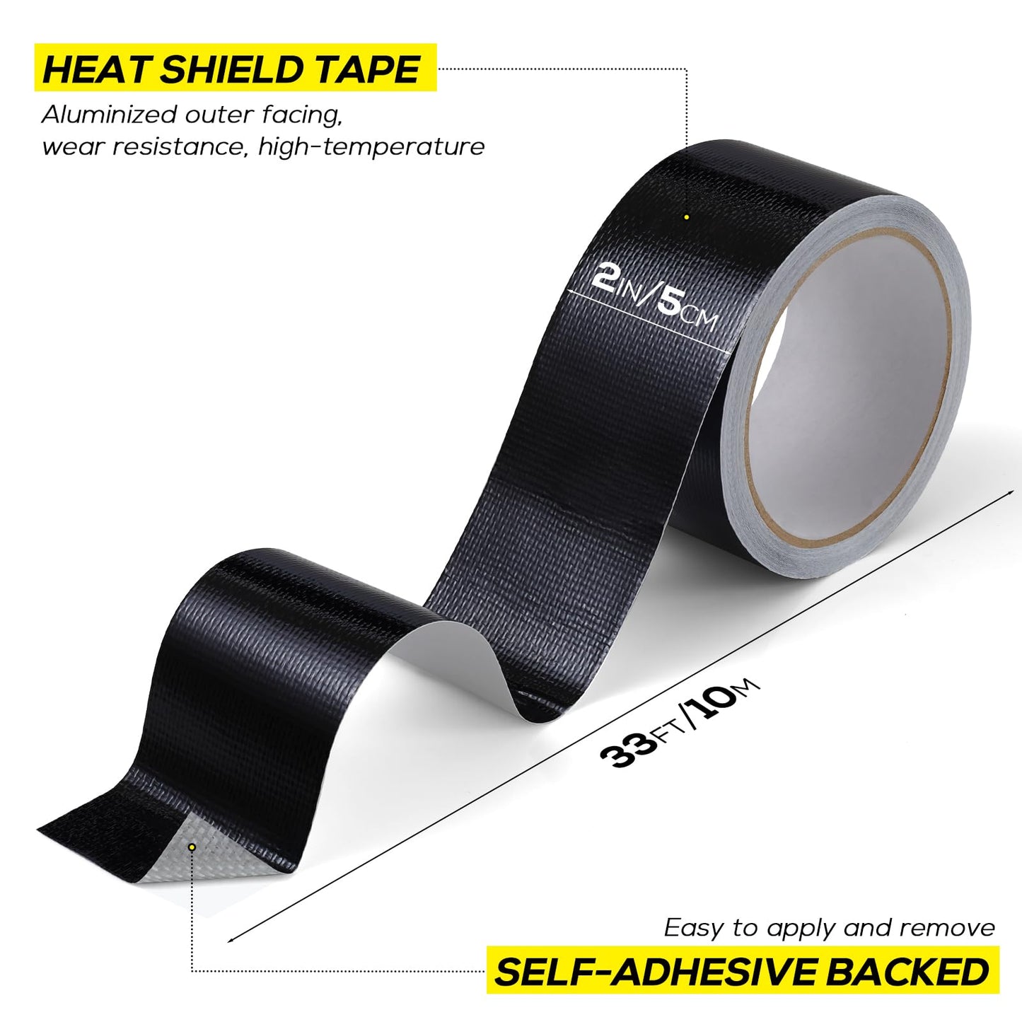 FIREWESS Aluminum Foil Tape,2in x 33FT Fiberglass Heat Shield Tape, Black Self-Adhesive Heat ReflectiveTape, Exhaust Heat Resistant Tape, for Hose and Auto Use