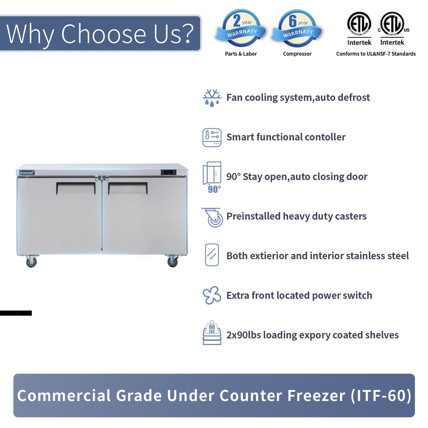 ICECASA 60" W Commercial Freezer Worktop Undercounter Double Door Stainless Steel Counter Fan Cooling Freezer 16.4 Cu.ft for Restaurant, Bar, Shop, etc