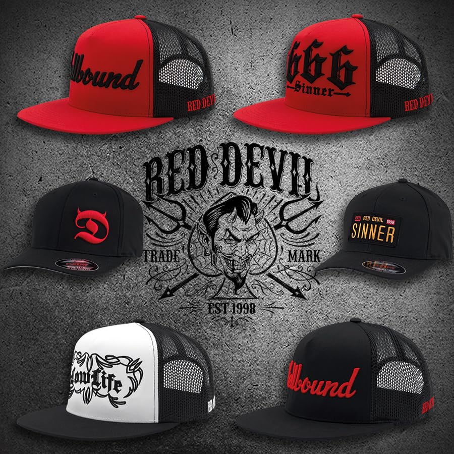 Hellbound Trucker Cap for Men – Flat Bill Mesh Snapback Hat – 5-Panel Black Cap with Bold Red Hellbound Front – One Size Adjustable – Cotton/Poly/Nylon Blend – Outdoor Summer Baseball Hat
