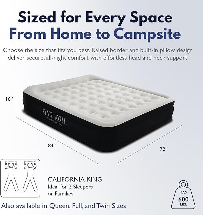 King Koil Premium California King Air Mattress with Built-in High-Speed Patented Pump for Home, Camping & Guests- 16in Inflatable Double High Airbed Blow Up Bed, Waterproof, 1 Year Warranty