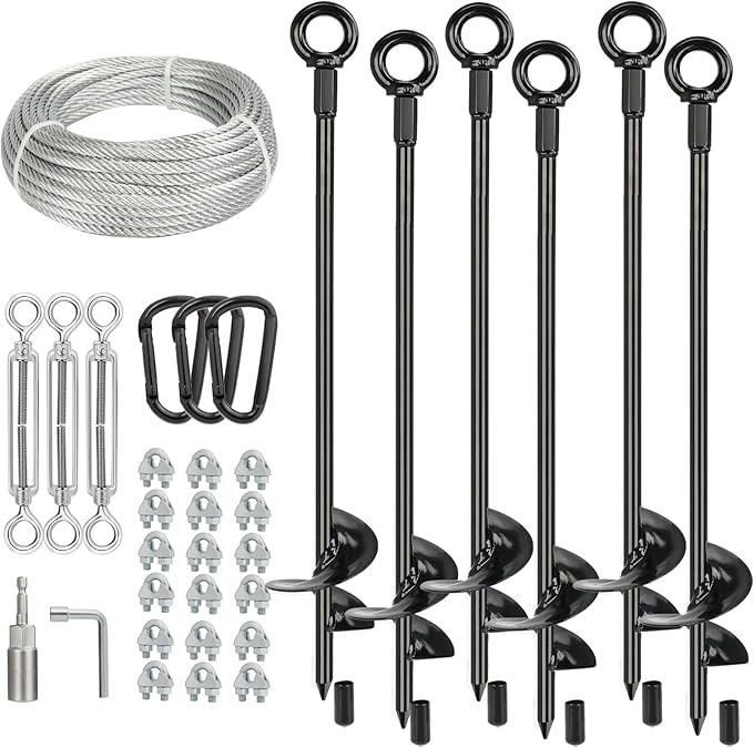 hannger 6 Pcs 30" Long Ground Anchors Shed Anchors Kit with 3/16" Galvanized Cable & Turnbuckles & Carabiners, Heavy Duty Earth Anchors for Sheds Trees Trampoline Greenhouse Swing Set Tent.
