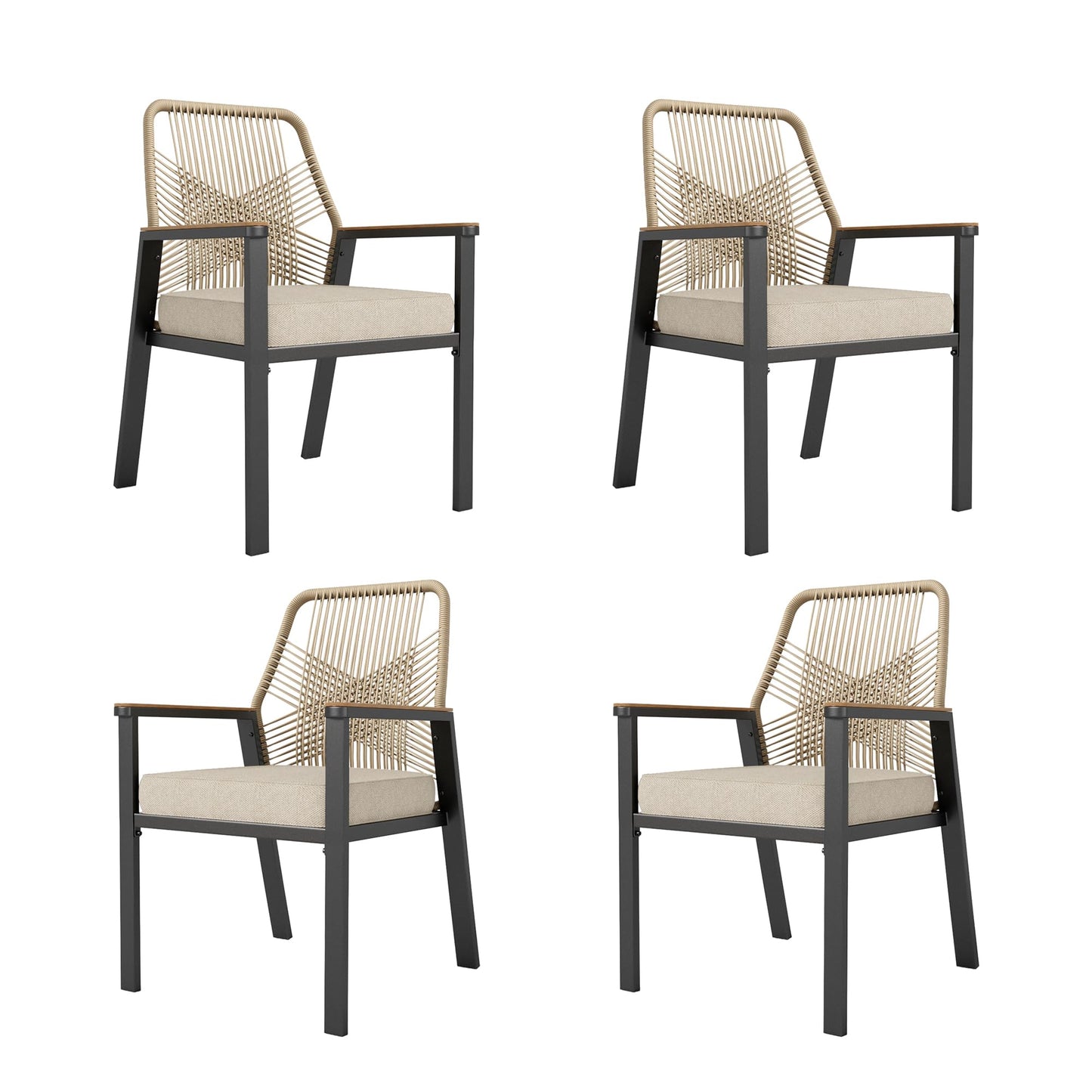 HERA'S HOUSE Outdoor Chairs Set of 4, 36.6" Rattan Dining Chairs with Heavy-Duty Wrought Iron Metal Frame, All-Weather Patio Chair for Garden Lawn Backyard Kitchen Deck